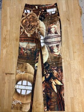 Finesse Fredi Renaissance Art Graphic Print Straight Leg Trousers Brown Cream S